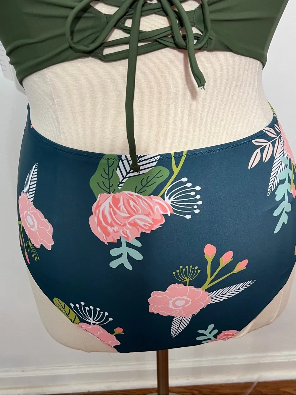 NWT‎ Beachsiss Olive Green & Teal Floral High-Waist One-Piece -- XL